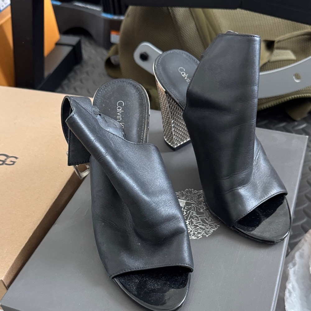 Calvin Klein Black Mules with Silver Heel